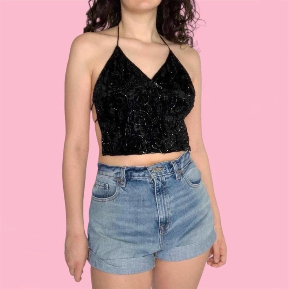 Vintage Candies Small Velvet Beaded Crop Top with Spaghetti Straps!